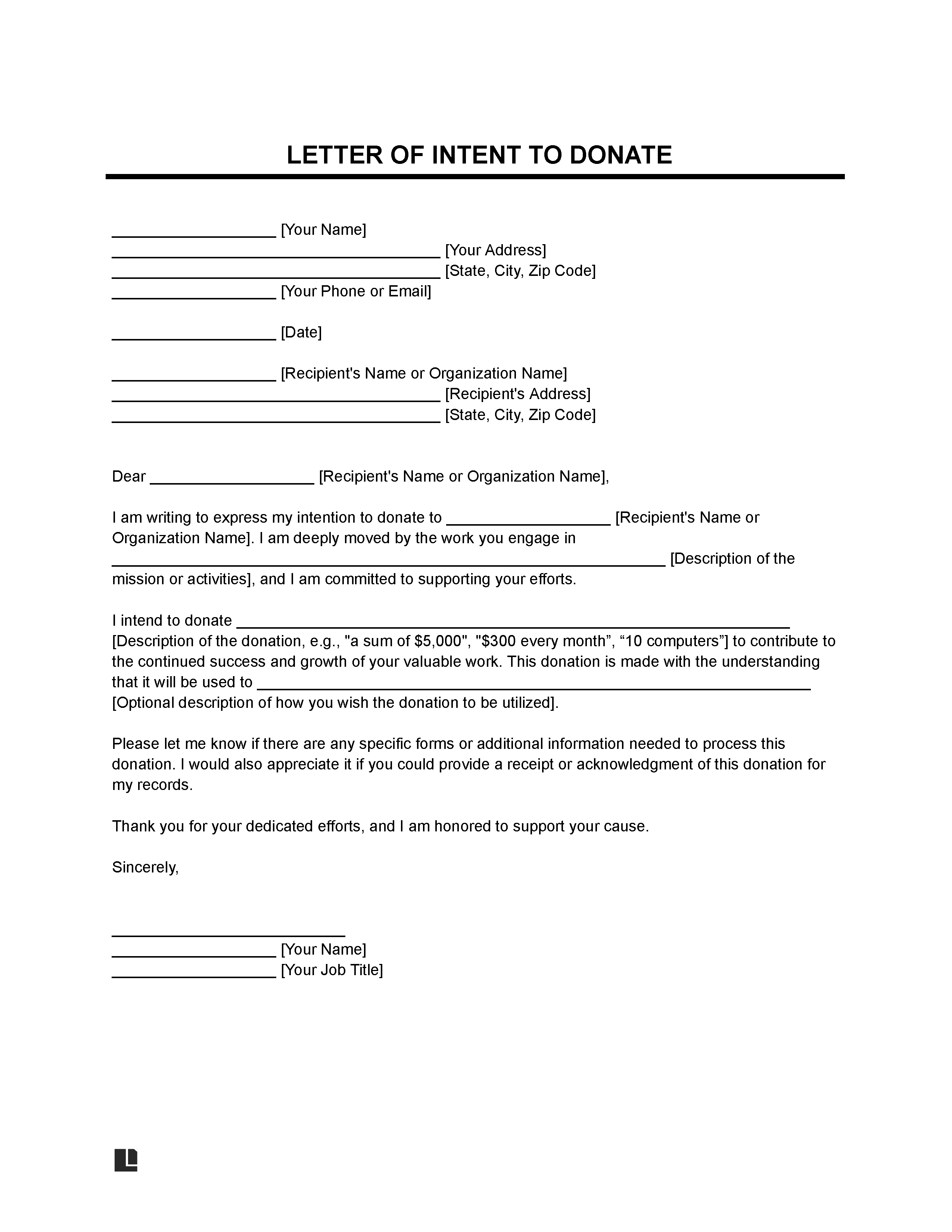 Letter of Intent to Donate