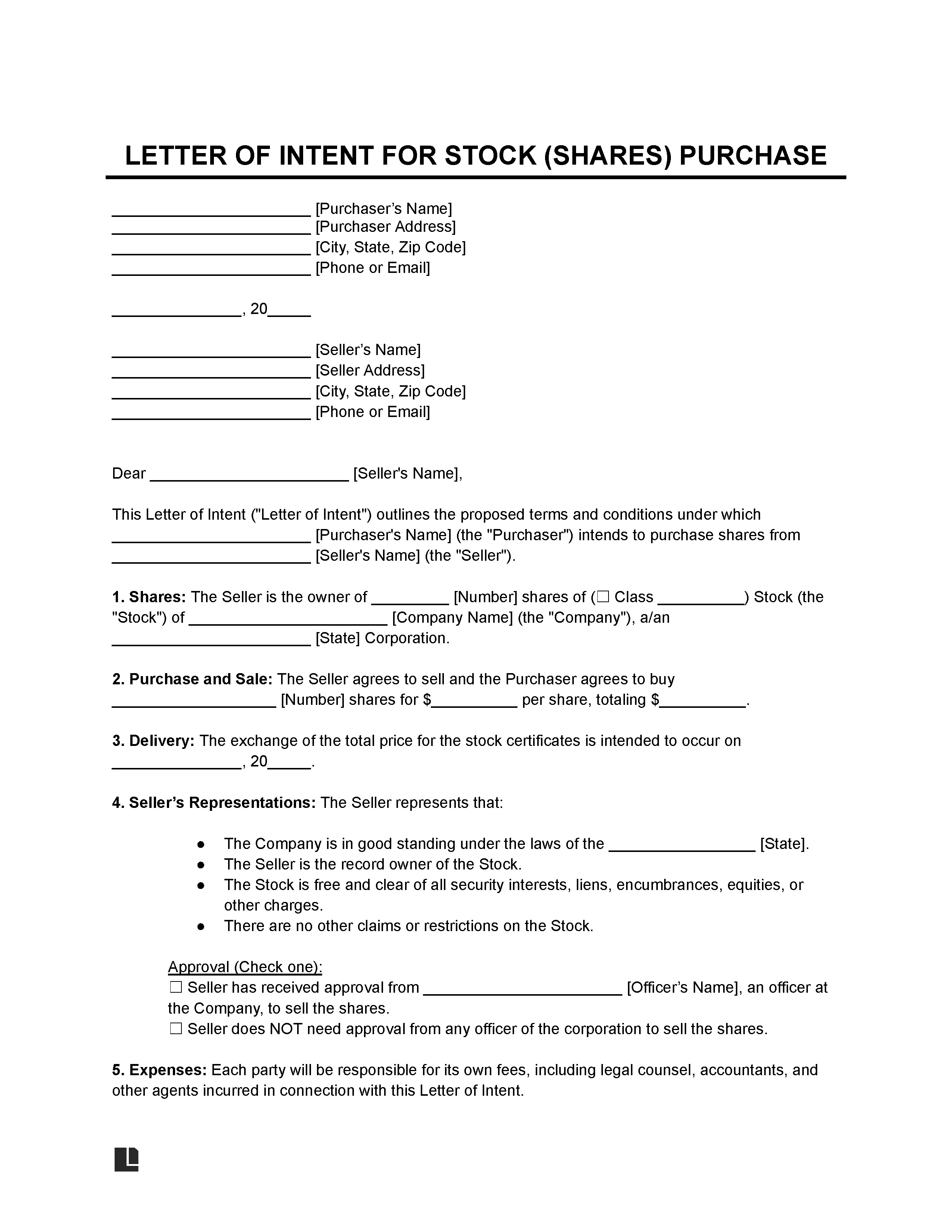 Letter of Intent to Purchase Stock Template