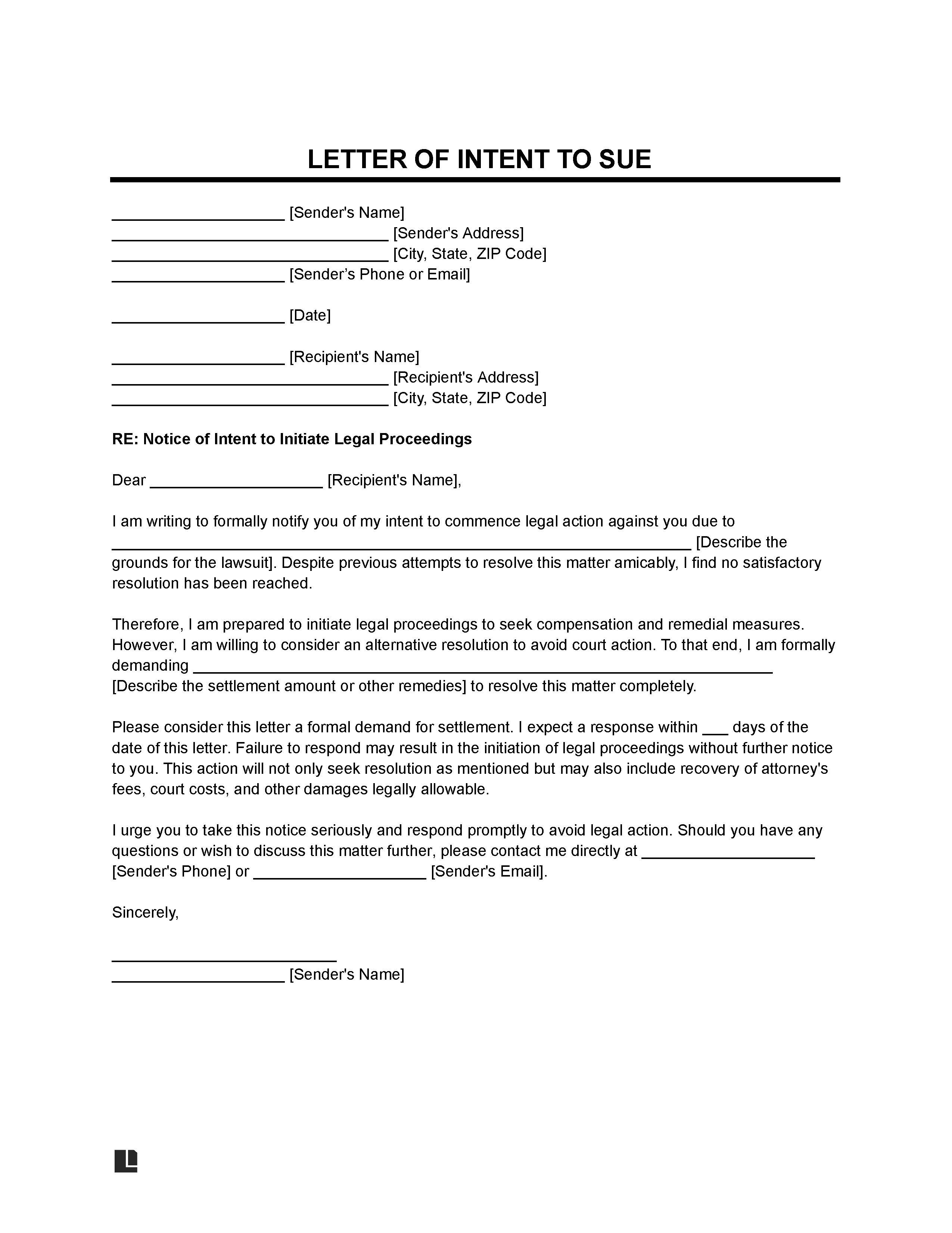 Letter of Intent to Sue (With Settlement Demand) template