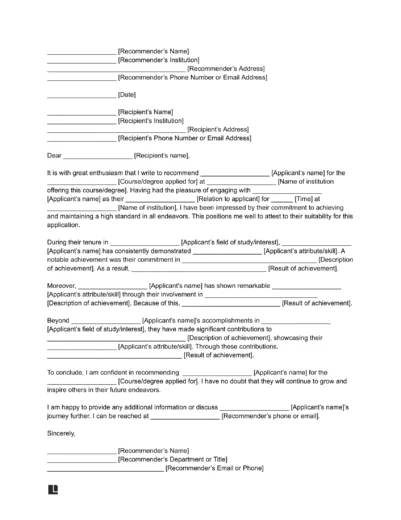 Letter of Recommendation for Graduate School (Generic)