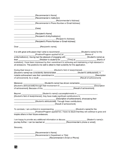Letter of Recommendation for Student