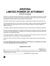 Arizona limited (special) power of attorney form