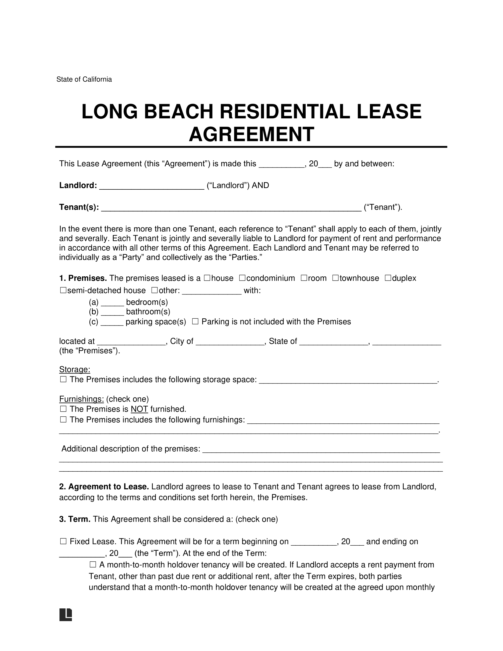 Long Beach Residential Lease Agreement Template