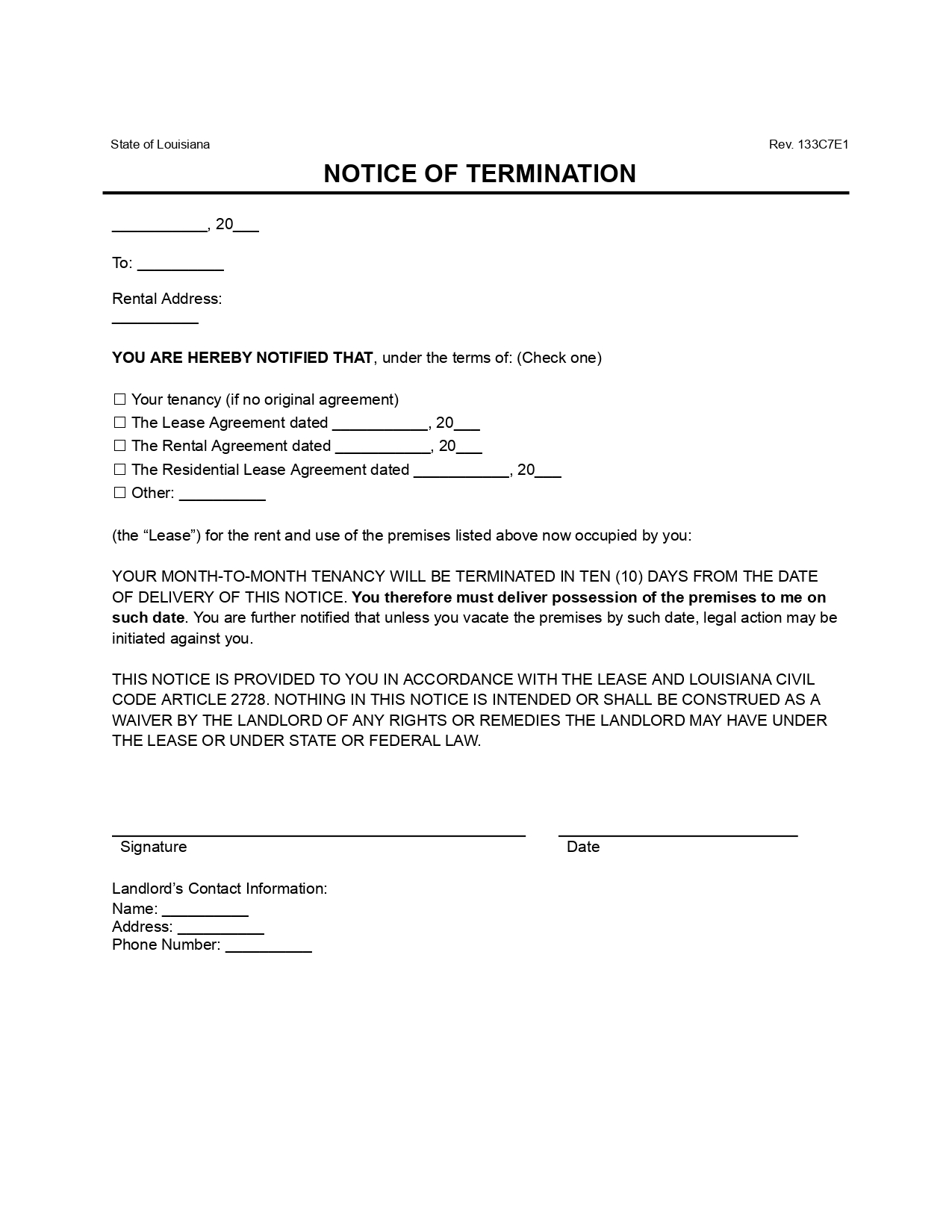 Louisiana 10-Day Notice to Quit Lease Termination Letter