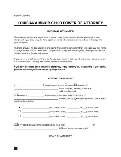 Louisiana Minor Child Power of Attorney Form