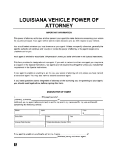 Louisiana Motor Vehicle Power of Attorney Form