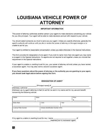 Louisiana Motor Vehicle Power of Attorney Form
