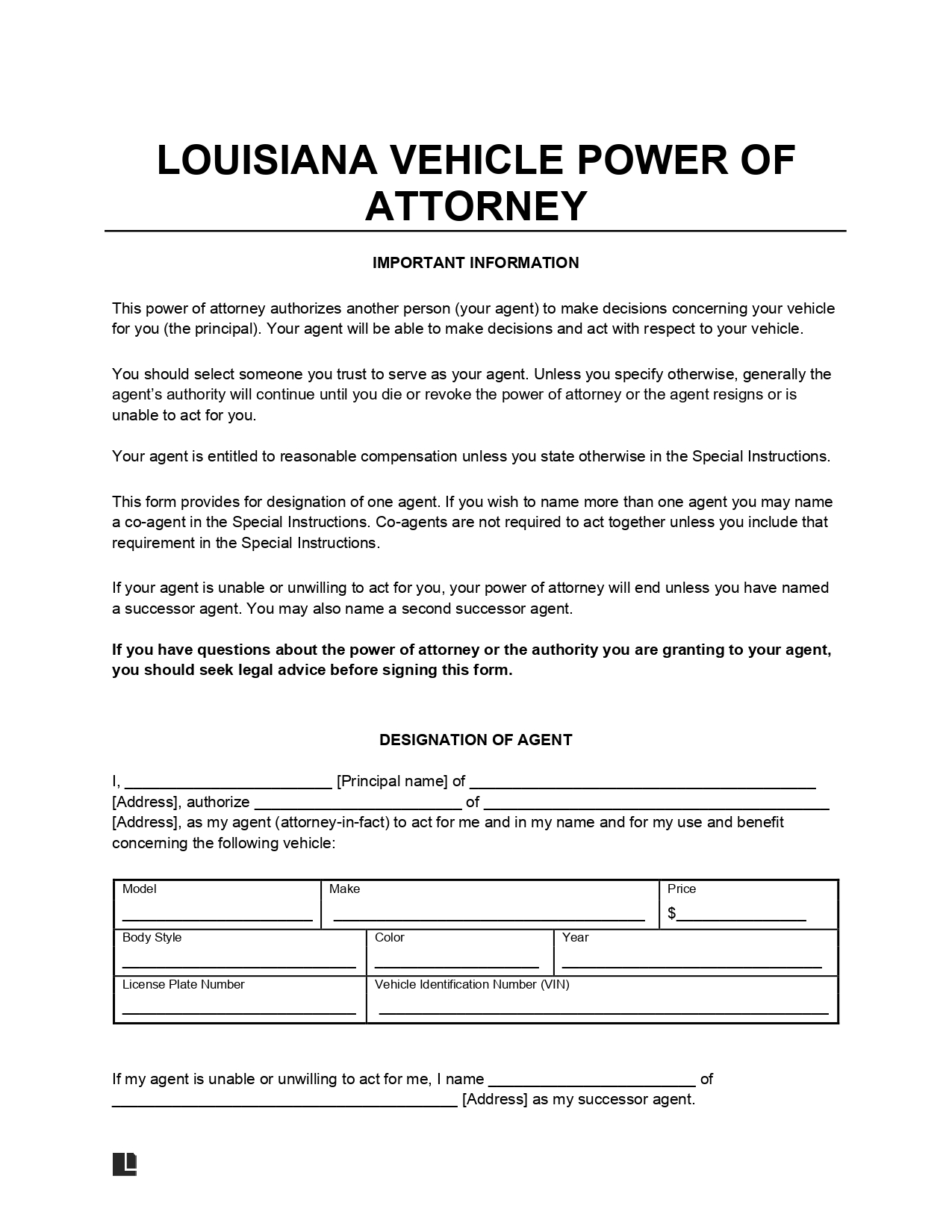Louisiana Motor Vehicle Power of Attorney Form