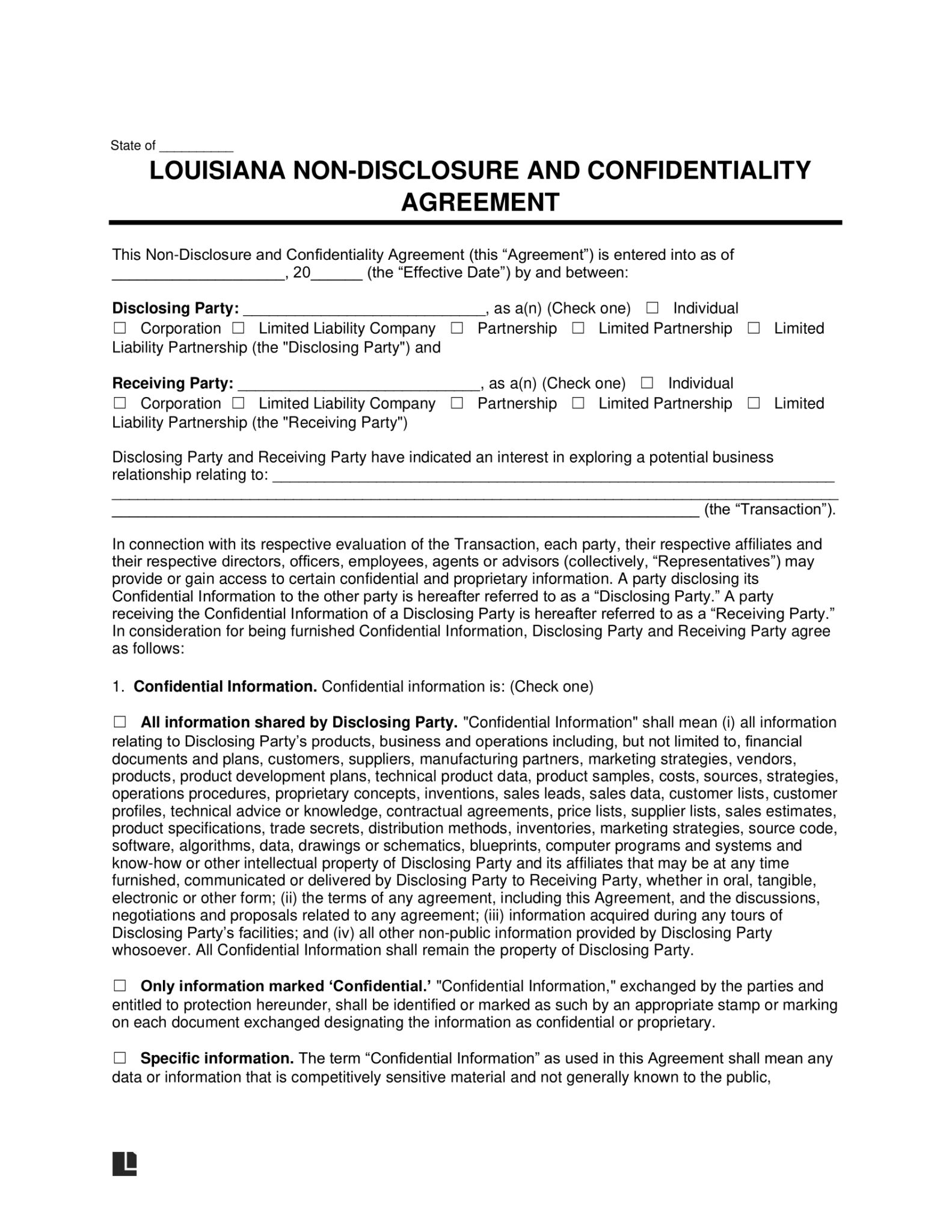 Free Louisiana Non Disclosure Agreement Nda Template 3391