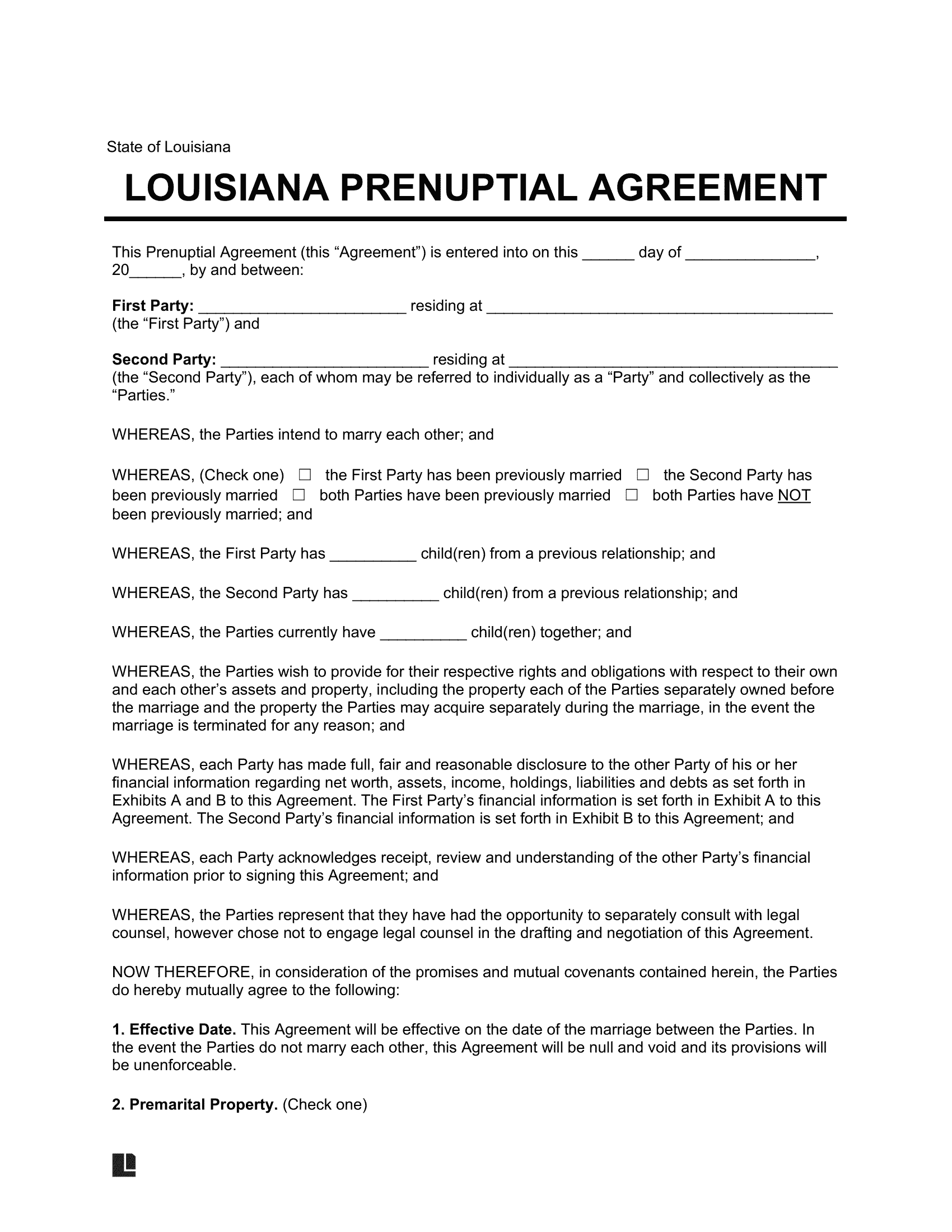 Louisiana Prenuptial Agreement Template