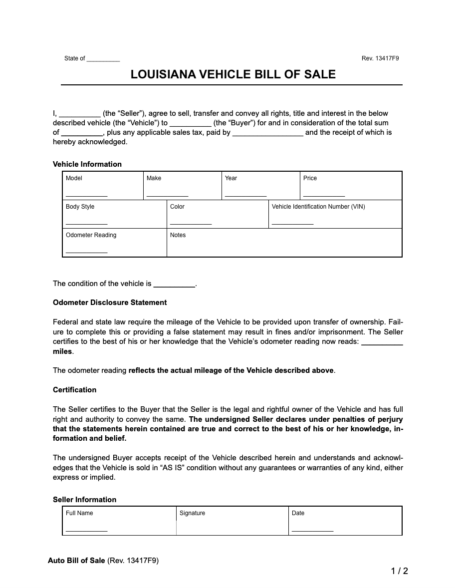 Free Louisiana Motor Vehicle Bill Of Sale Form Legal Templates