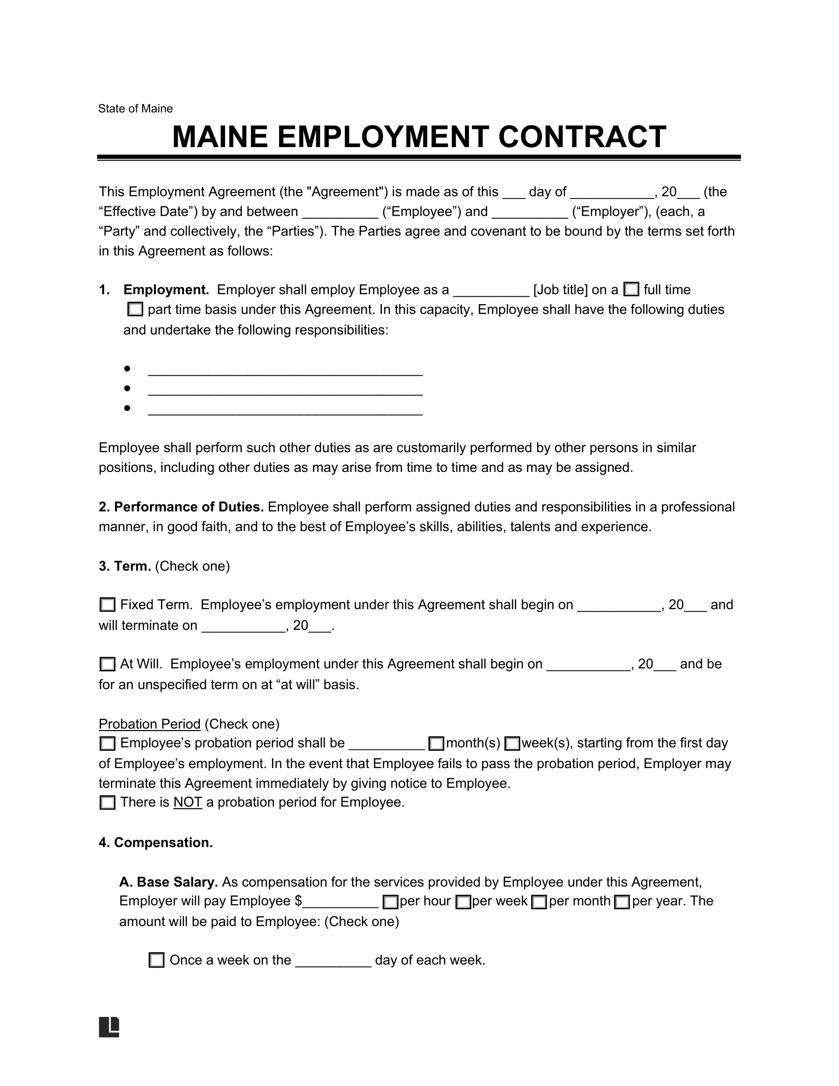 maine employment contract template