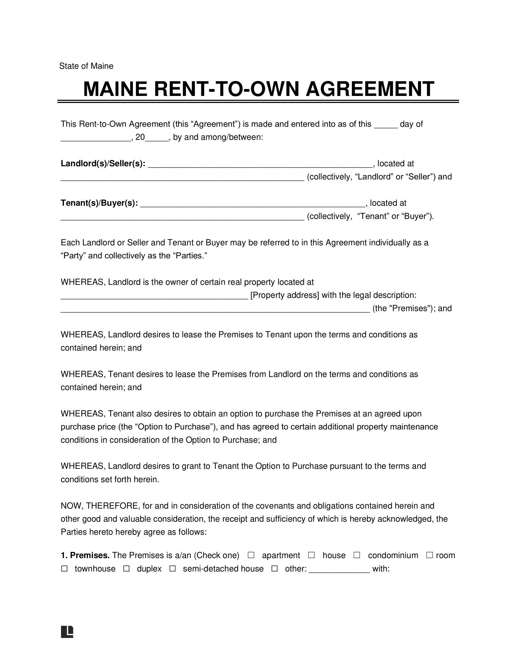 Maine Lease To Own Option To Purchase Agreement 