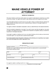 Maine Motor Vehicle Power of Attorney Form