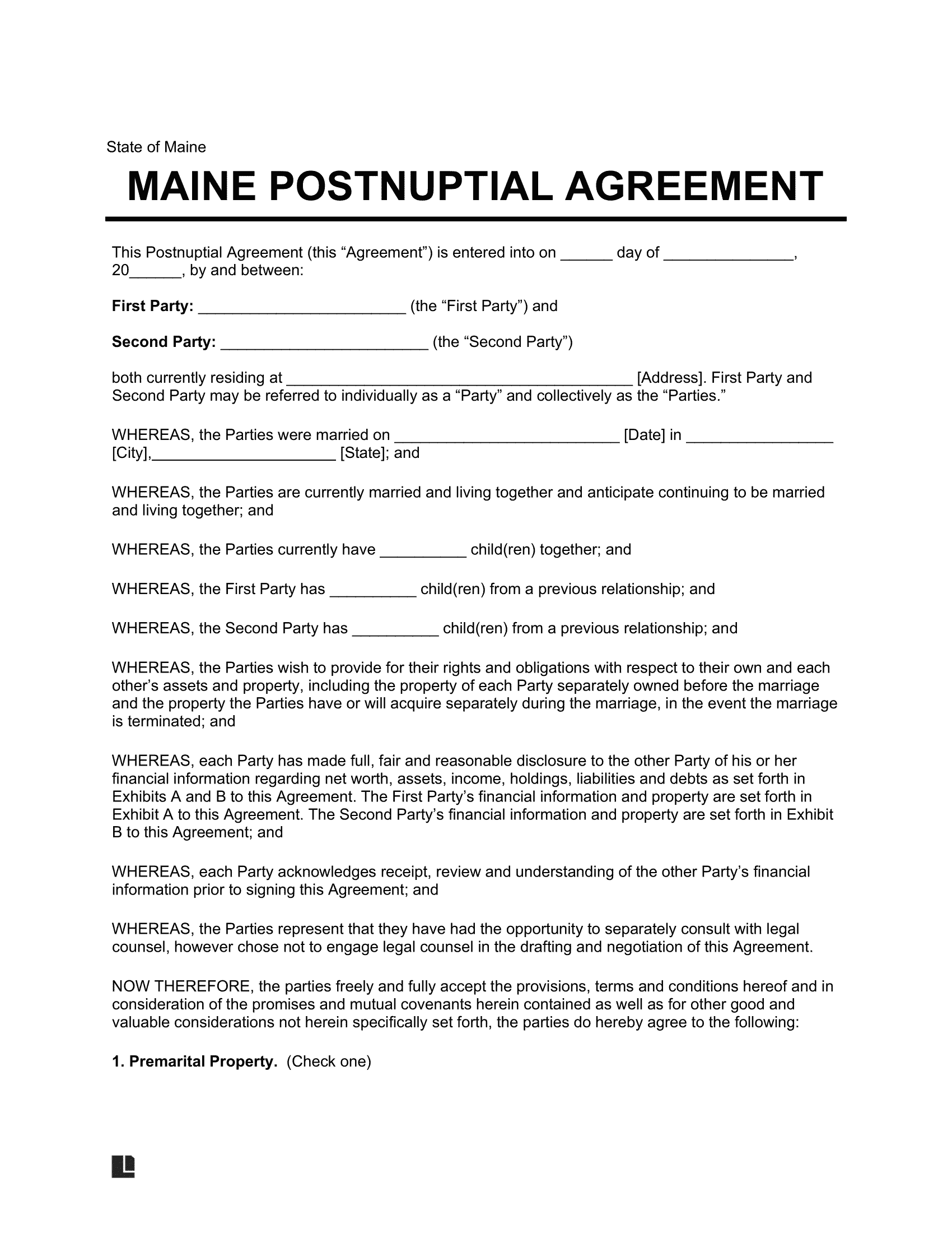 Maine Postnuptial Agreement Template