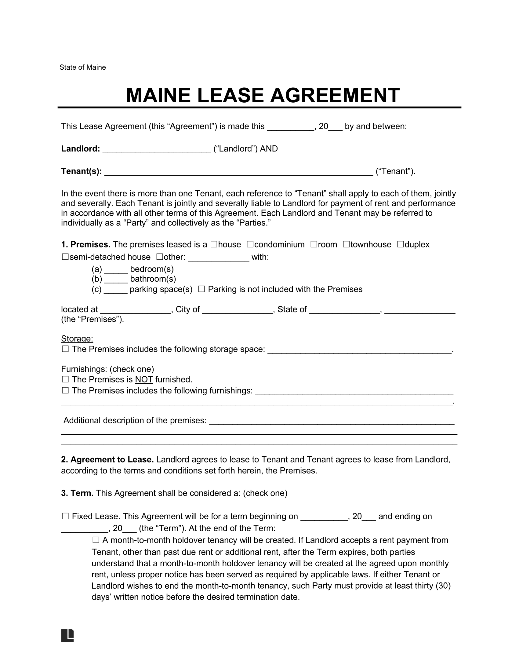 Maine Residential Lease Agreement Template