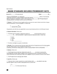 Maine Standard Secured Promissory Note Template