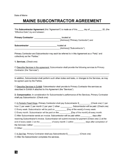 Maine Subcontractor Agreement Sample