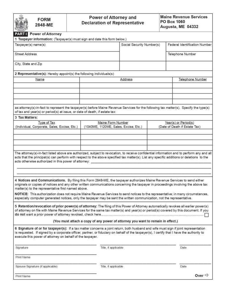 Free Maine Tax Power of Attorney Form ME-2848 - PDF