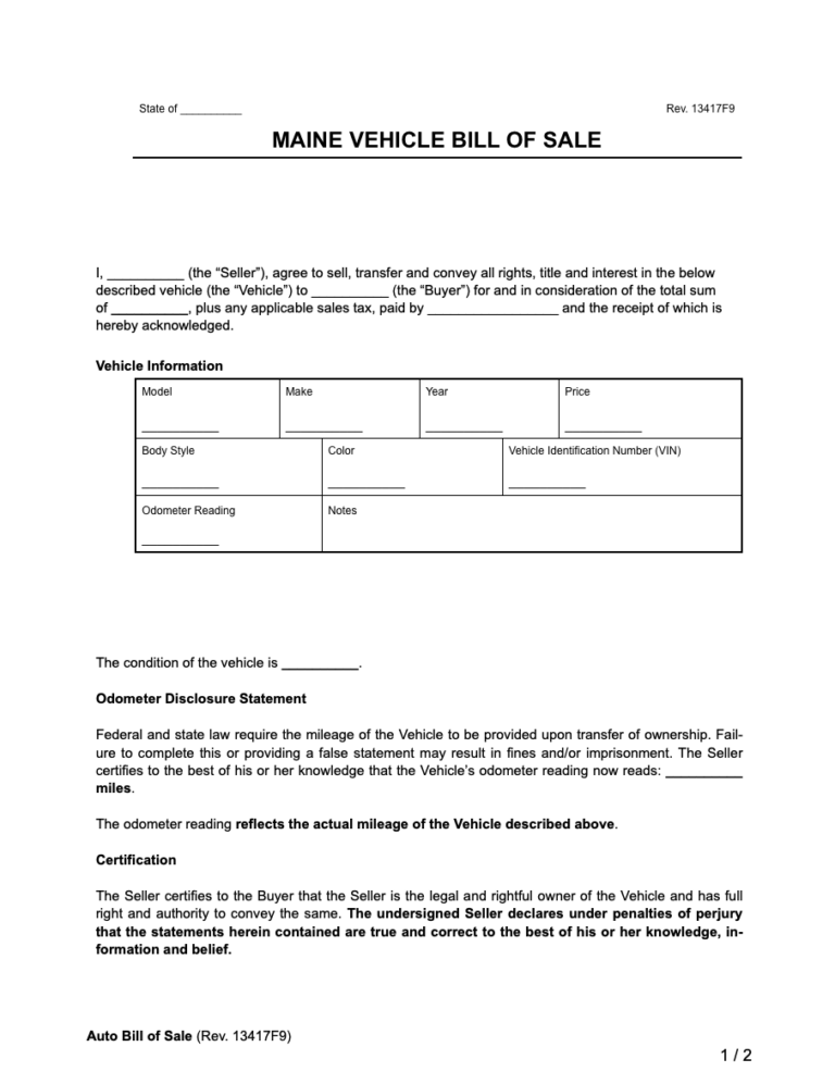 Free Maine Motor Vehicle Bill of Sale Form | Legal Templates