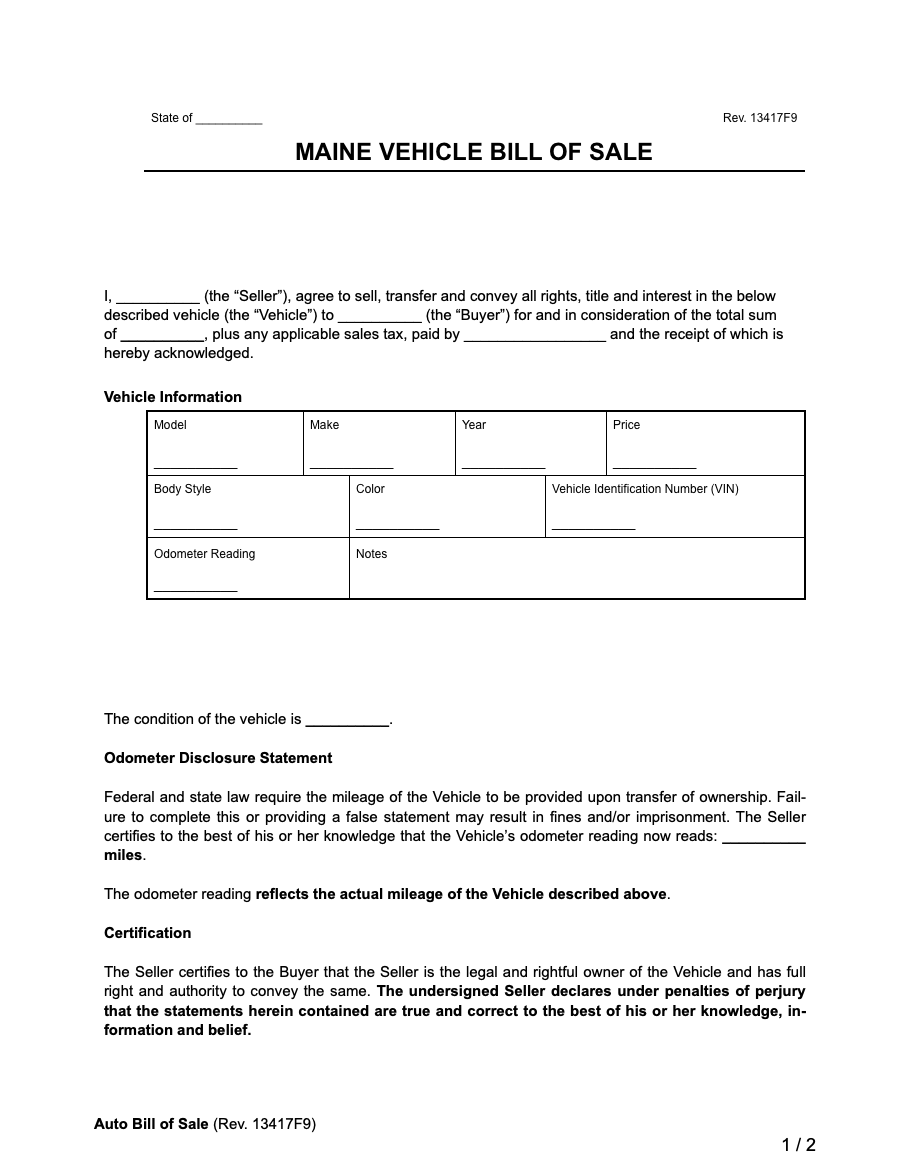 Maine vehicle bill of sale