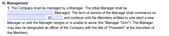 An example where to write management information in our LLC operating agreement