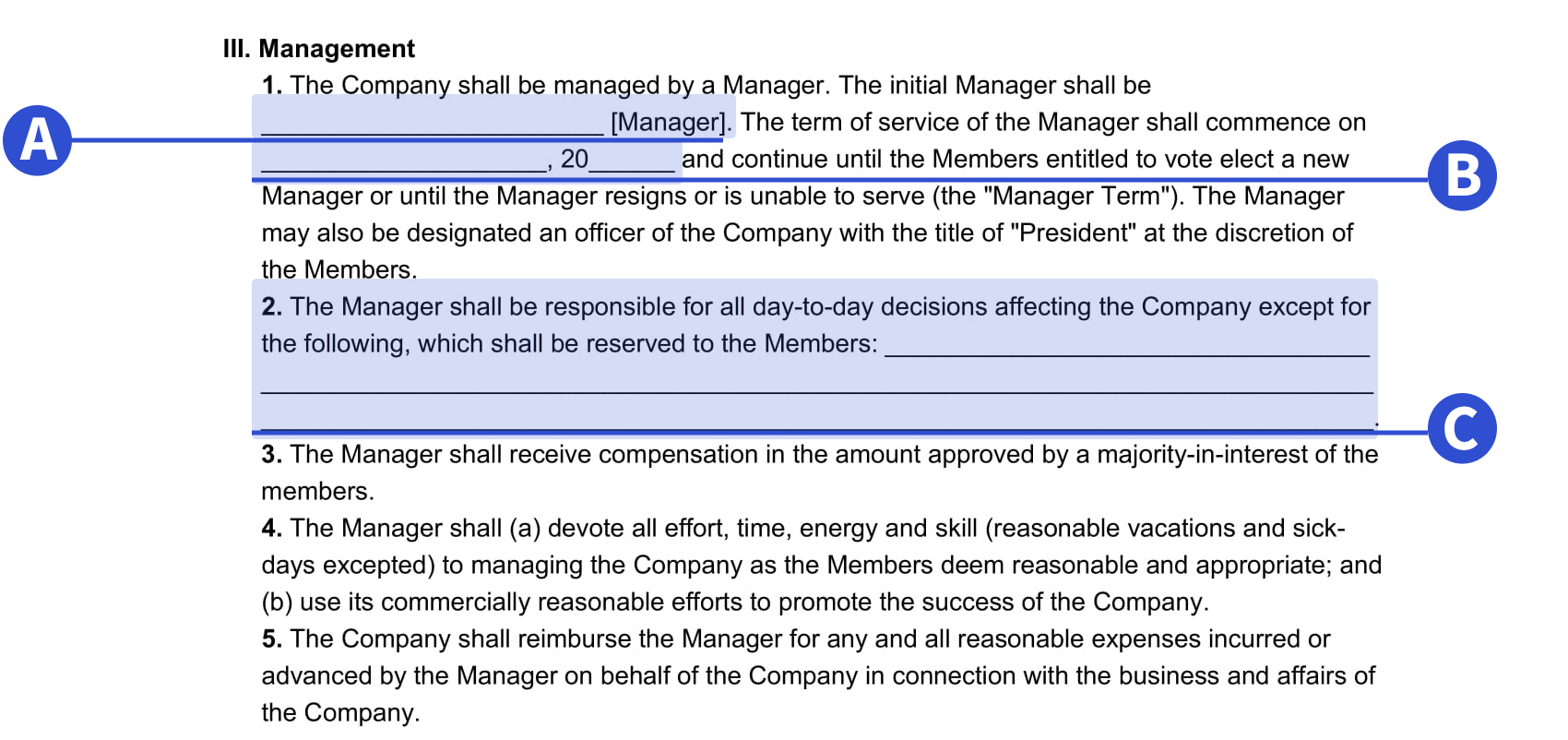 An example of where to include management details in our LLC operating agreement template.