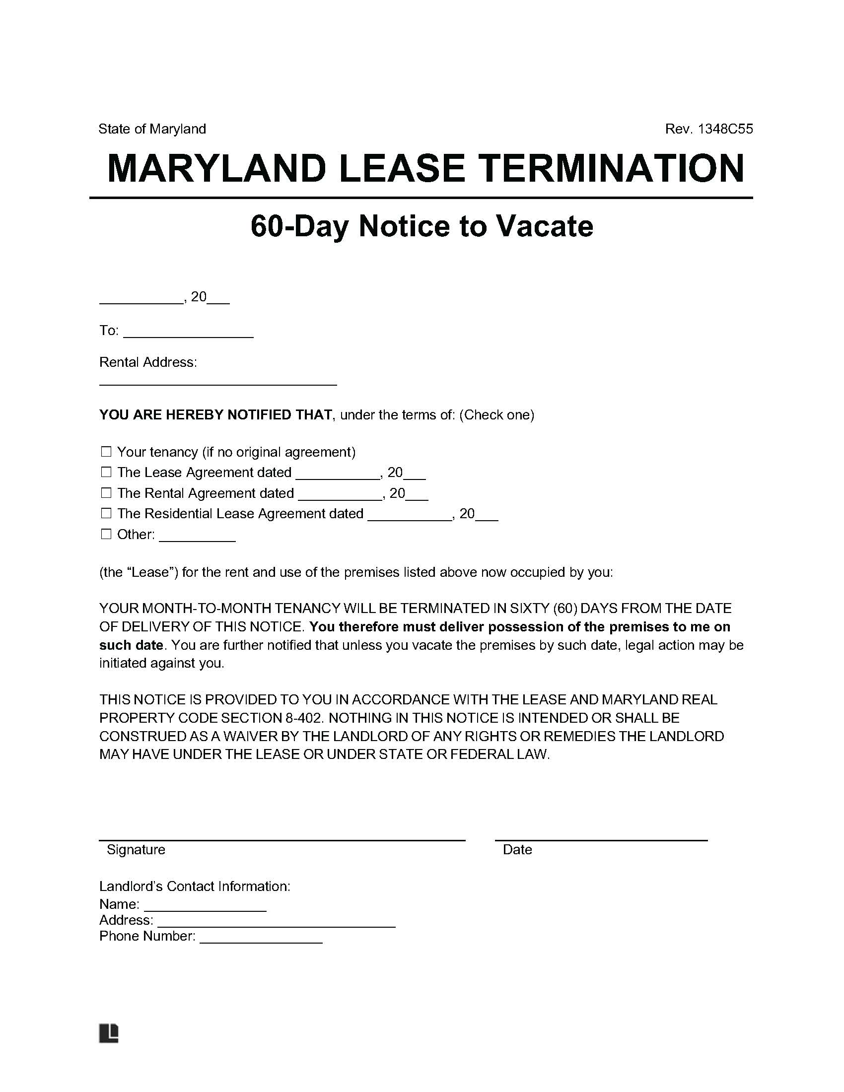 Maryland 60-Day Notice to Quit Lease Termination