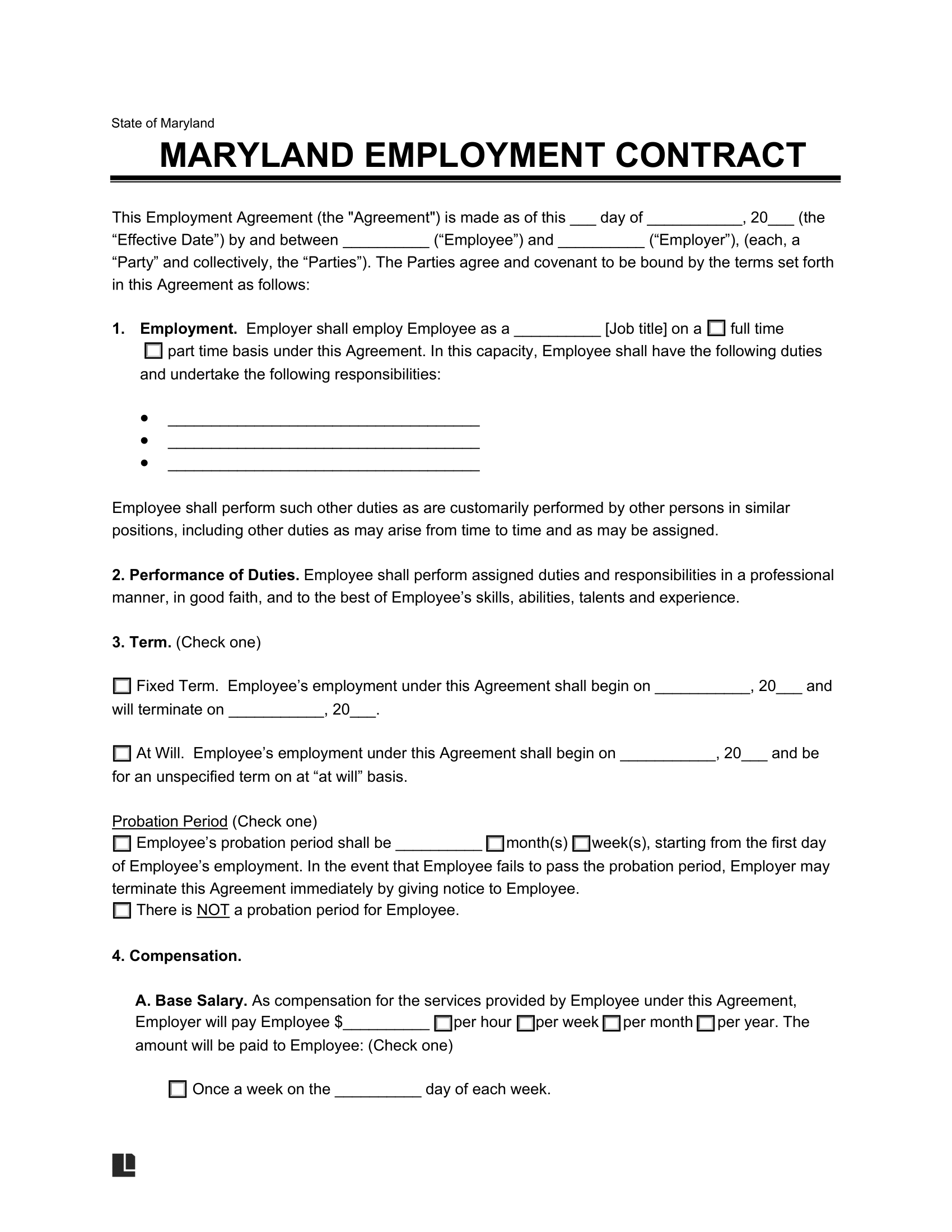 Maryland Employment Contract Template