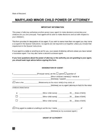Maryland Minor Child Power of Attorney Form