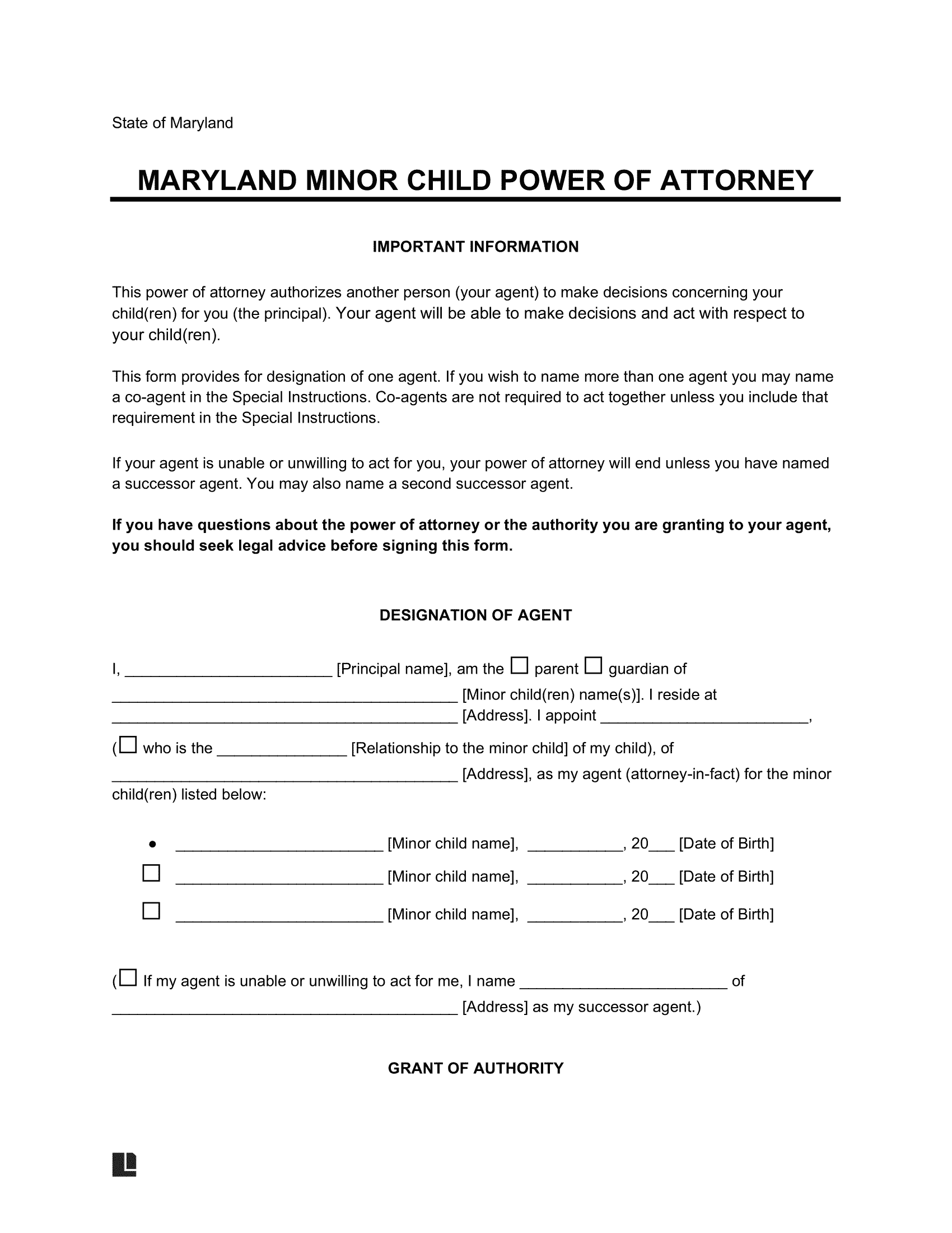 Maryland Minor Child Power of Attorney Form