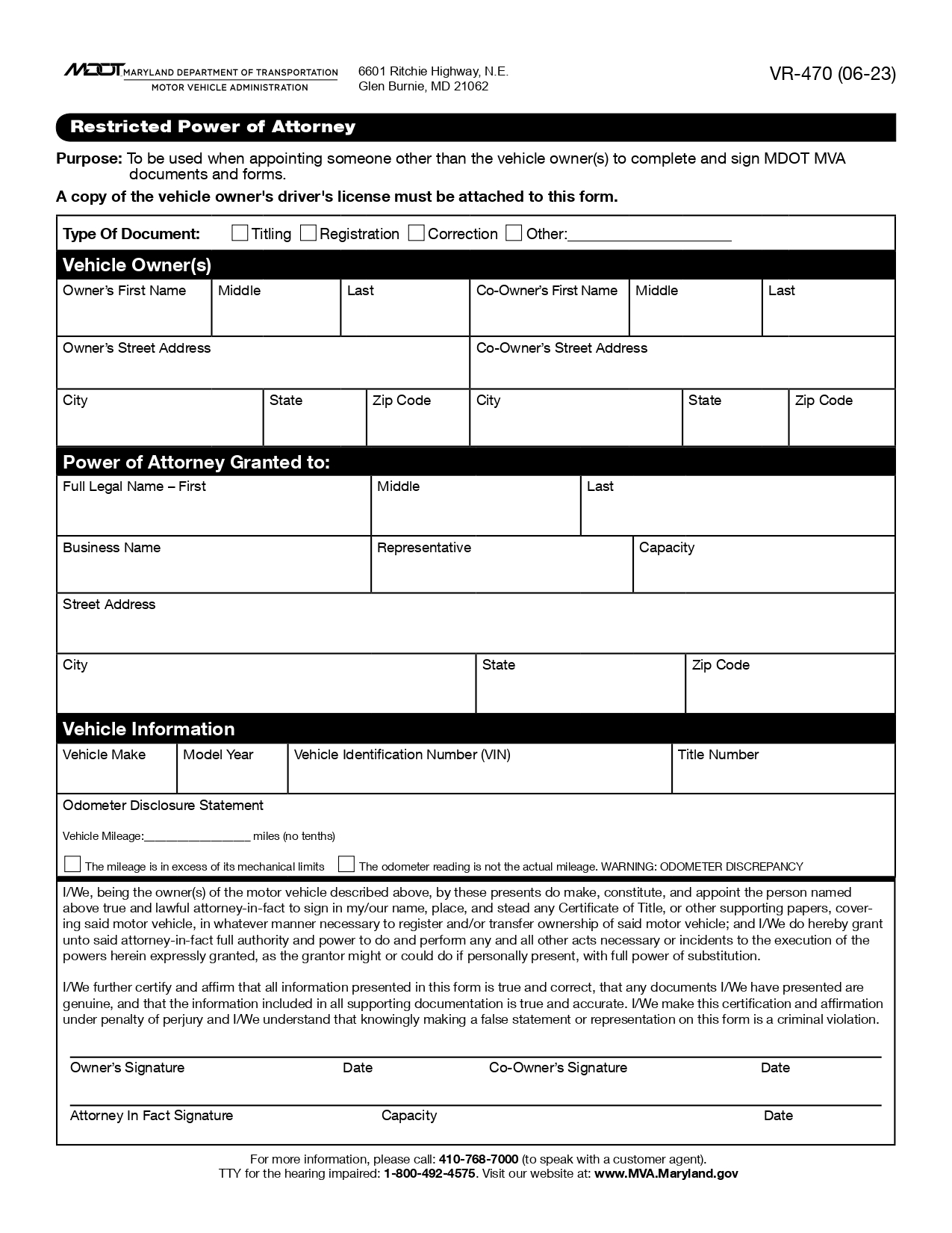 Maryland Motor Vehicle Power of Attorney Form (VR-470)