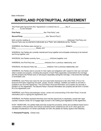 Maryland Postnuptial Agreement Template