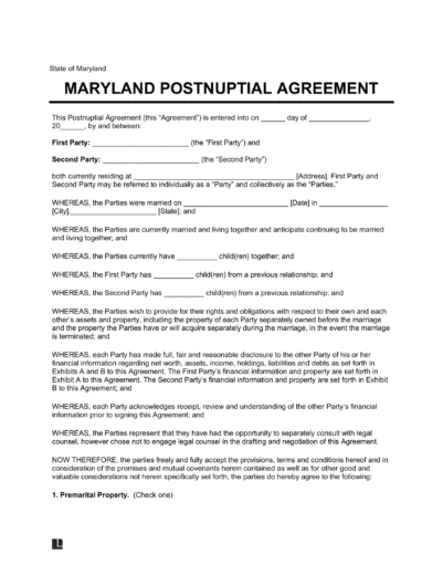 Maryland Postnuptial Agreement Template