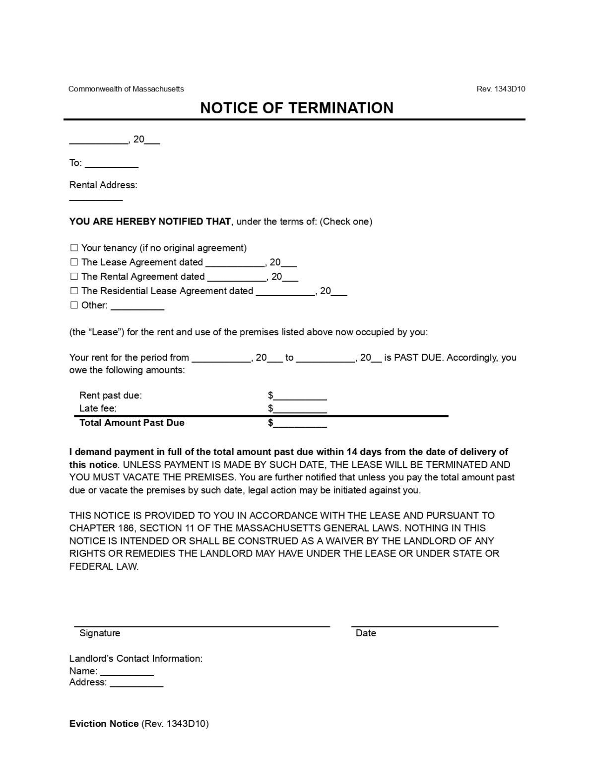 Free Massachusetts Eviction Notice Form PDF Word