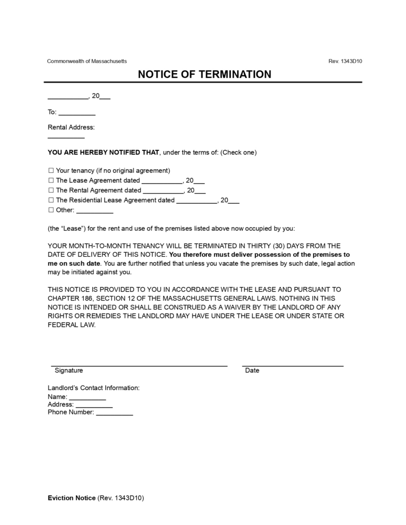 Free Massachusetts 30-Day Notice to Vacate | Lease Termination | PDF & Word