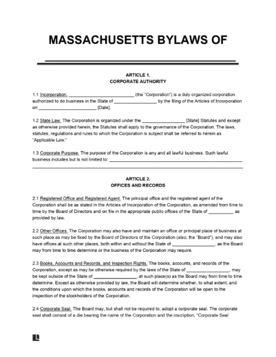 Massachusetts Corporate Bylaws Template