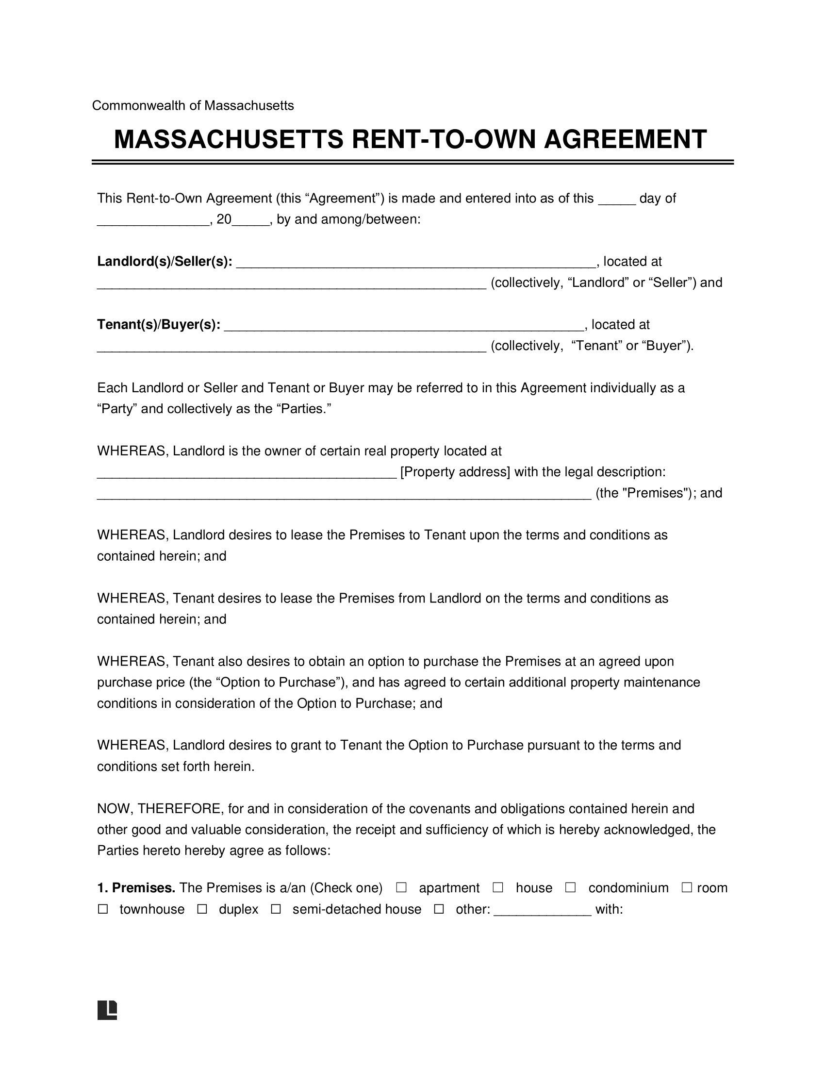Massachusetts Lease-to-Own Option-to-Purchase Agreement