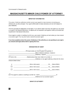 Massachusetts Minor Child Power of Attorney