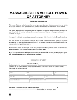 Massachusetts Motor Vehicle Power of Attorney Form