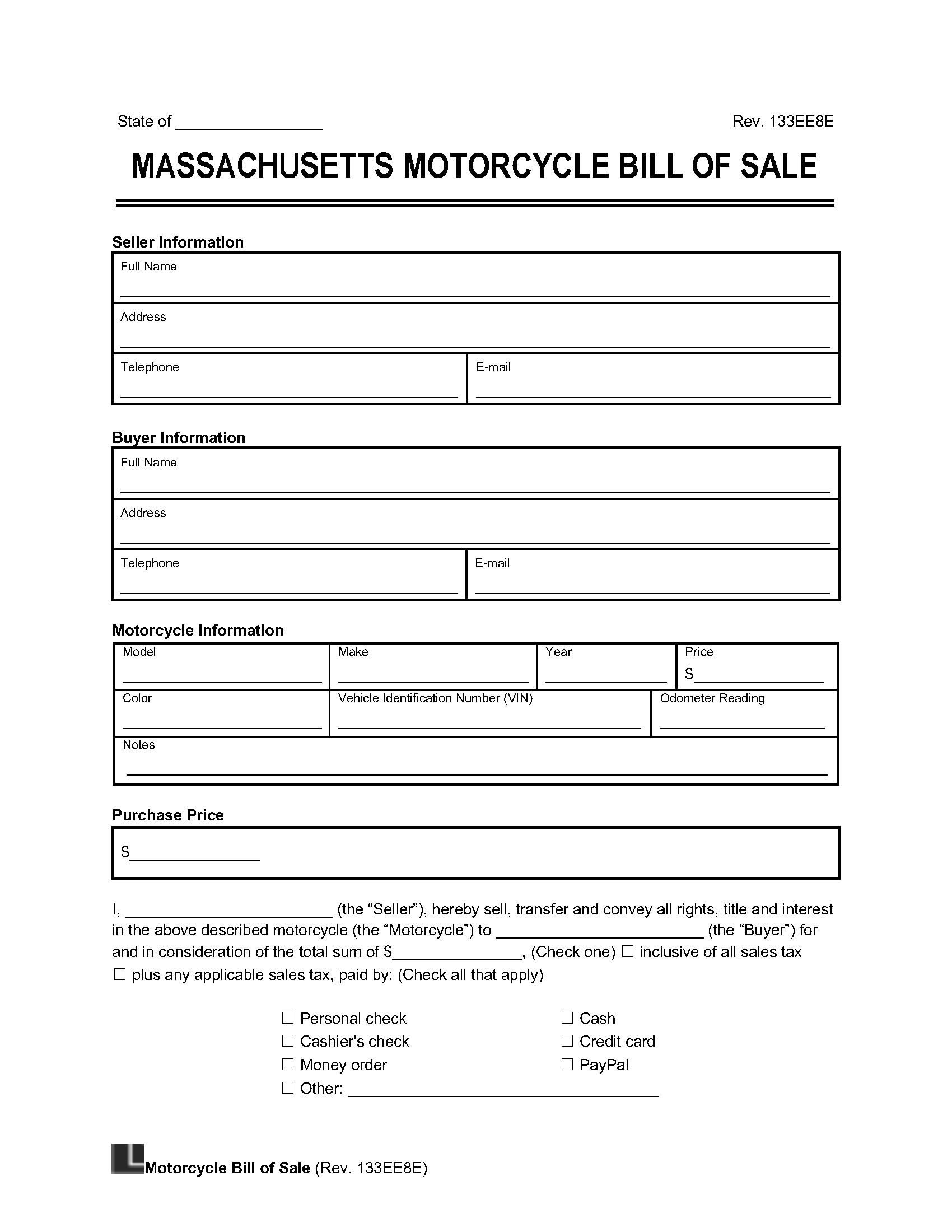 Massachusetts Motorcycle Bill of Sale Legal Templates