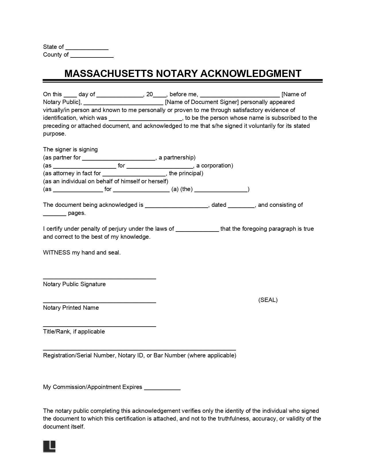 Massachusetts Notary Acknowledgment Form