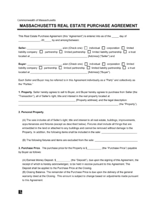 Massachusetts Real Estate Purchase Agreement Form