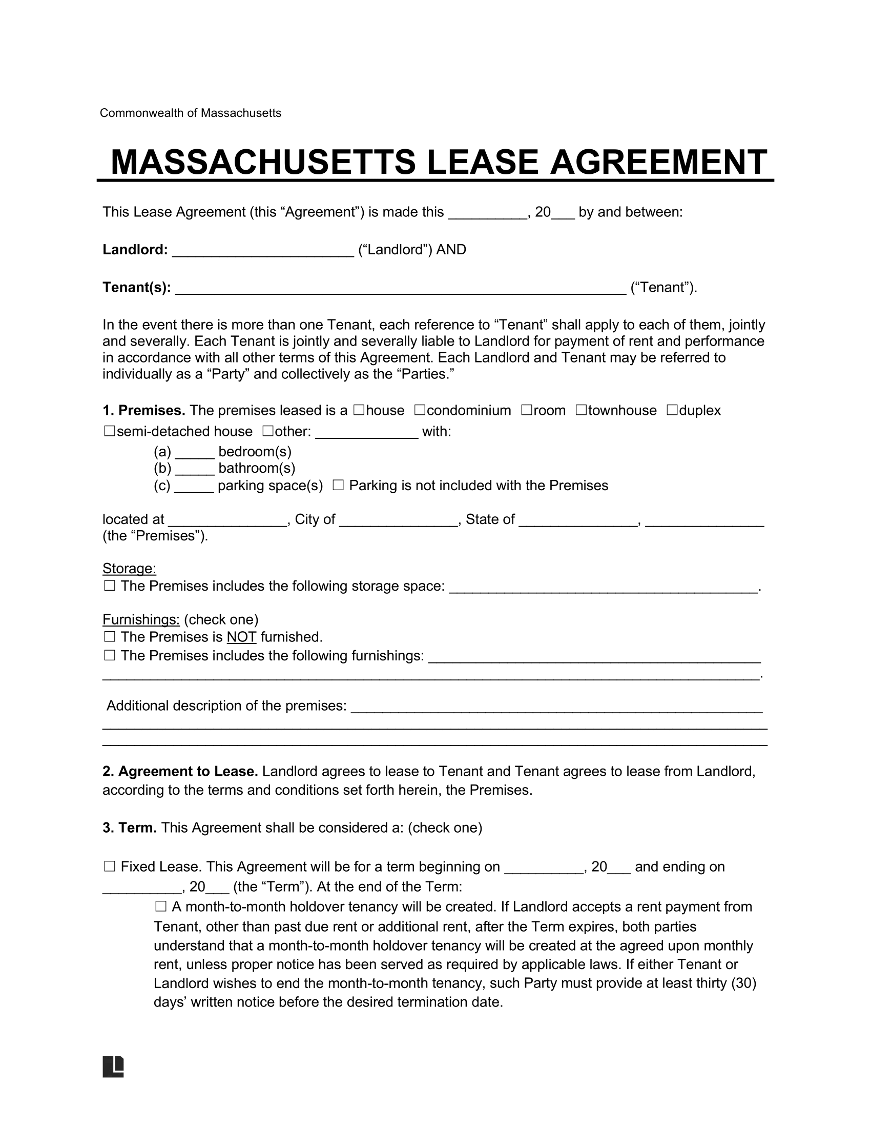 Massachusetts Residential Lease Agreement Template