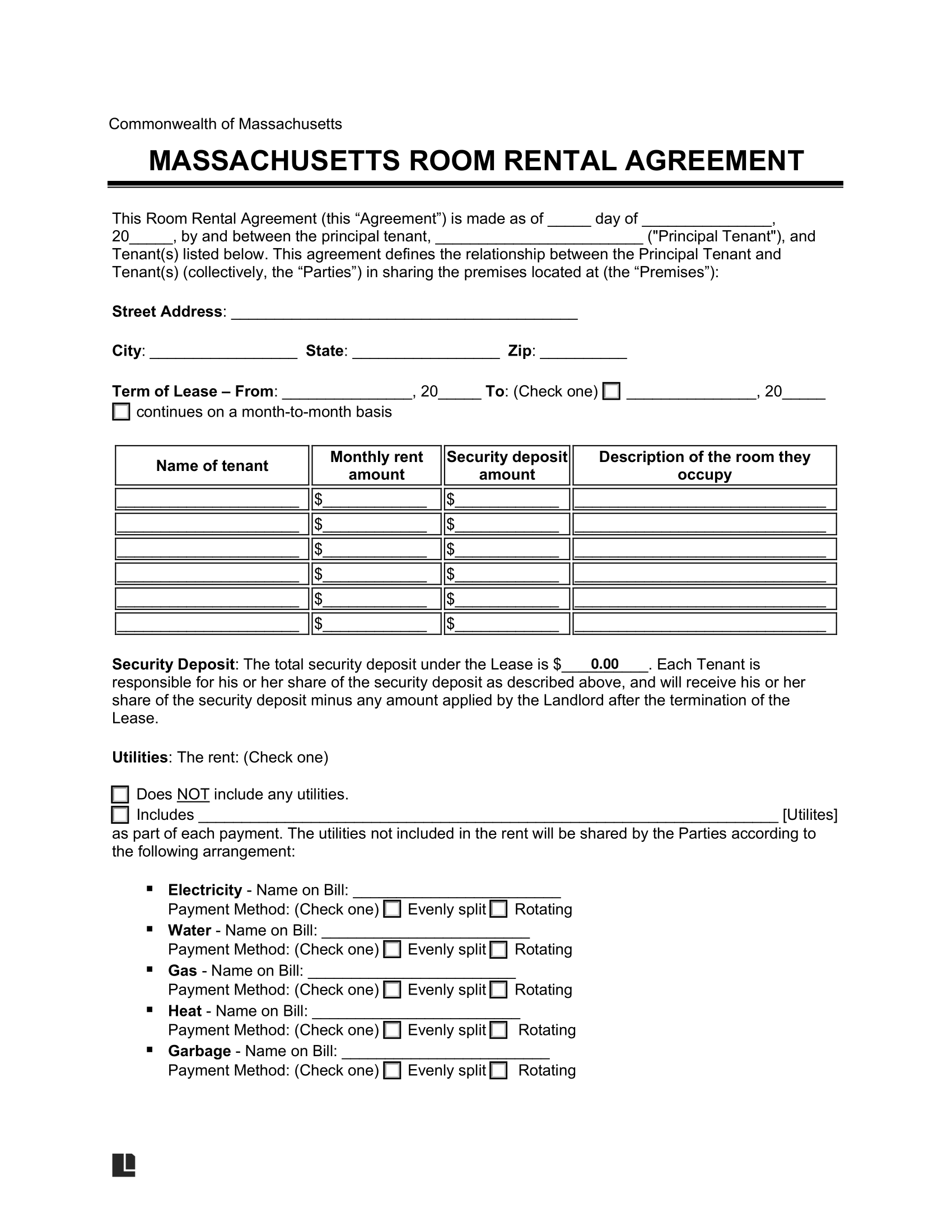 Massachusetts Room Rental Agreement