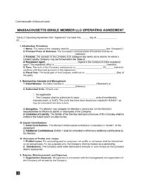 Massachusetts Single Member LLC Operating Agreement Form