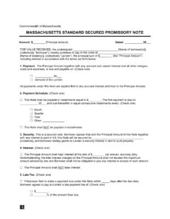 Massachusetts Standard Secured Promissory Note Template
