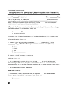 Massachusetts Standard Unsecured Promissory Note Template