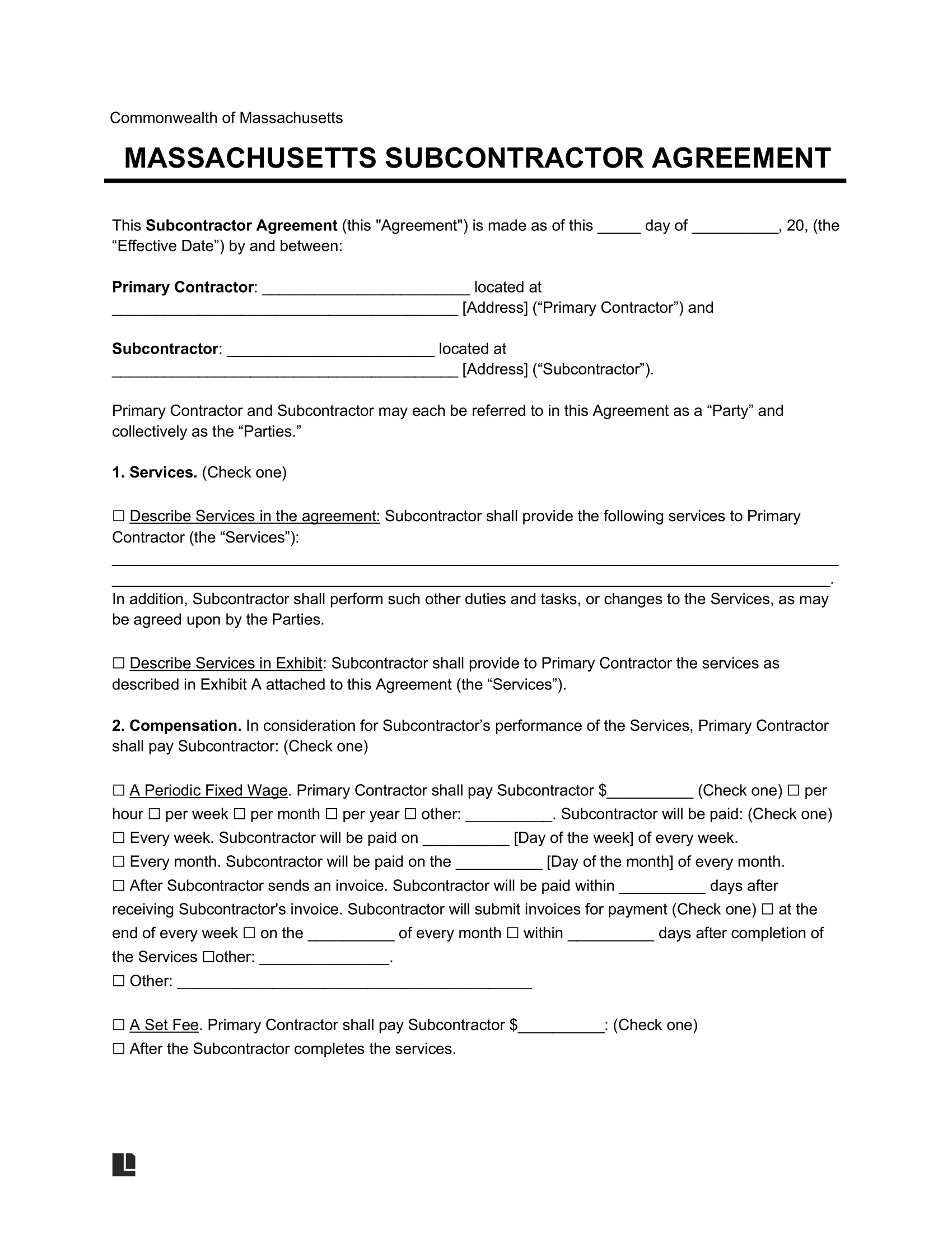 massachusetts subcontractor agreement template