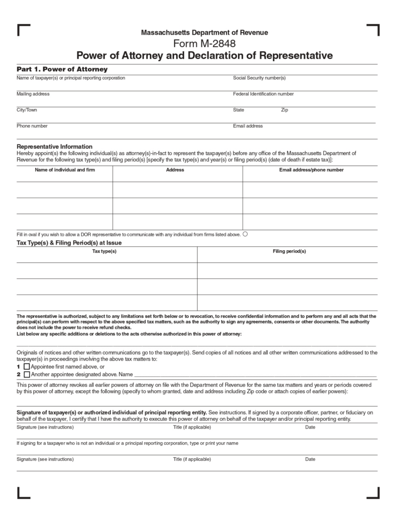 Free Massachusetts Tax Power of Attorney Form M-2848 - PDF